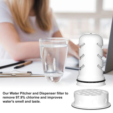 Water Pitcher Filter Replacement With Double Membrane Micro Filtration And Activated Carbon shown next to glass