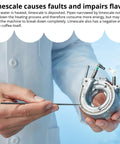 Person holding a metal part demonstrating limescale buildup on a coffee machine component with informational text about faults.
