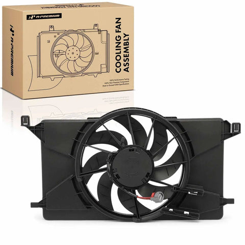 Built Tough Engine Radiator Cooling Fan Assembly for Ford Focus 2012 to 2018 EV BEV 2.0L Without Control Module Straight Up OEM Style Cooling Swap, black plastic, single blade design.