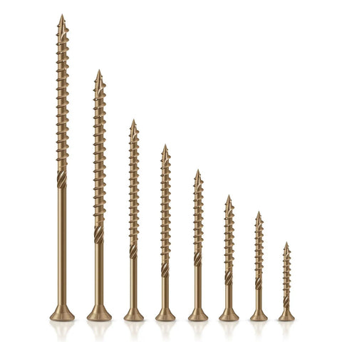 Various lengths of Top Shelf One Inch Exterior Deck Screws Bronze Epoxy Coated Rust Resistant Torx Drive for outdoor use.