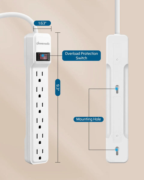 Front and side view of Beefy Six Outlet Power Strip Surge Protector With 15 Ft Extension Cord And Flat Plug 15 Amp Circuit Breaker