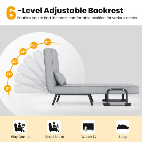 6-level backrest positions of 4-In-1 Convertible Sofa Bed Sleeper Chair With 6-Position Adjustable Backrest, Pillow, Metal Legs, Linen Upholstery
