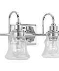 Litchfield Two Light Chrome Bath Vanity Light Fixture For Modern Coastal Bathrooms Spa Level Glow with glass shades, front view
