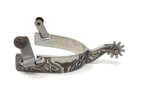 Longhorn Floral Show Spurs For Men With One Inch Stainless Band Two Inch Shank One And One Eighth Inch Ten Point Stainless Rowels