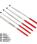 Five red-handled files in various shapes for 21Pcs Modeler Basic Tools Craft Set For DIY Mecha And Miniature Car Models Starter Kit.