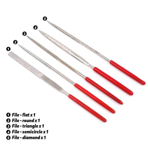 Five red-handled files in various shapes for 21Pcs Modeler Basic Tools Craft Set For DIY Mecha And Miniature Car Models Starter Kit.