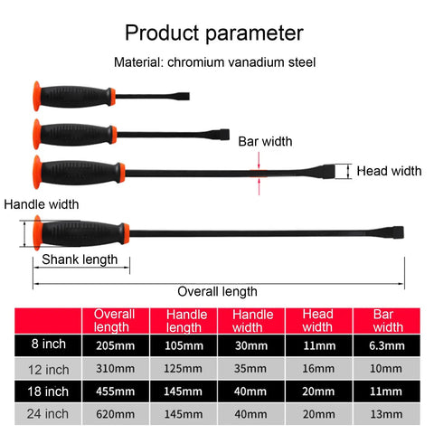 Heavy Duty Pry Bar Set With Thick Strike Caps And Industrial Grade Ergonomic Handles, four different sizes, dimensions displayed