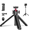 Two In One Mini Tripod Selfie Stick For iPhone And Camera Mount with 360 Degree Ball Head shown with phone and camera attachments