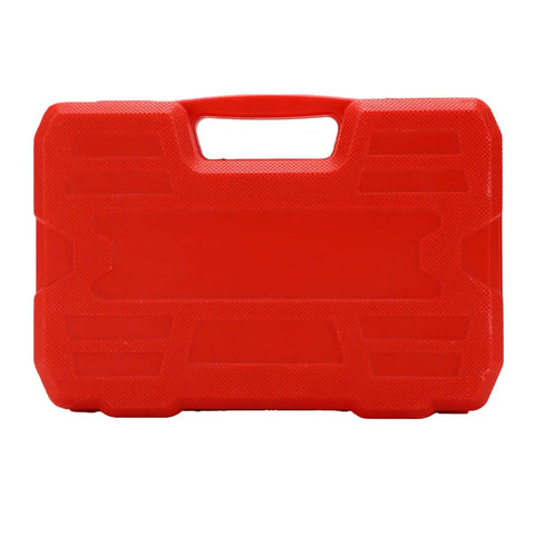 Red tool case for Pass Through Socket Set With Three Eighths And One Half Inch Drive Sockets Seventy Two Tooth Reversible Ratchet.