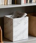 Lux Marble Wastebasket Real Stone Trash Can Rectangular Luxury Durable Bathroom Home Office Living Room Garbage Container With Sleek White Marble Look And Easy To Clean Finish on shelf