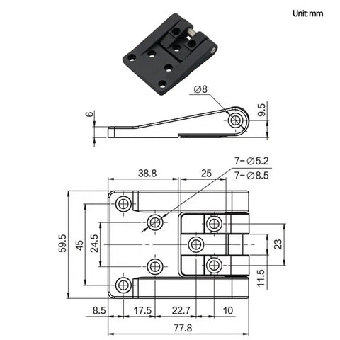 Technical drawing of Heavy Duty Zinc Alloy Rotating Hinge for Industrial Distribution Boxes and Automation Equipment.