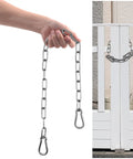 Tough As Nails Heavy Duty Gate Chain Lock With Carabiners For Fences And Barn Doors, 20 Inch Stainless Steel Chain, shown held and installed