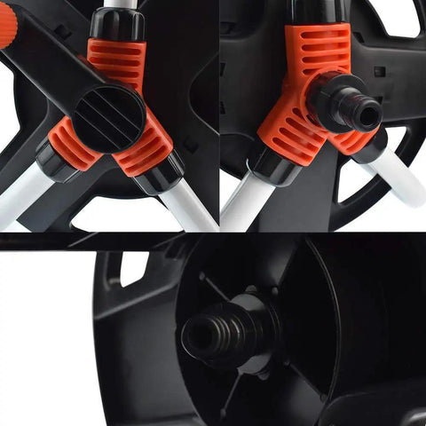 Close-up of connections on Portable Hose Reel Storage Shelf For One Half Inch Hose Up To 20 Meters Garden Hose Trolley