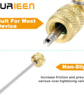 Dual size HVAC valve core removal tool with brass adapter, SAE for R410A R22 R12 R407 R404 R32 systems, close-up of detail.