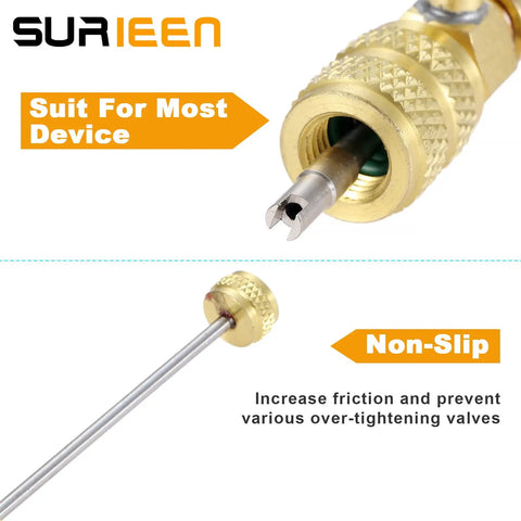 Dual size HVAC valve core removal tool with brass adapter, SAE for R410A R22 R12 R407 R404 R32 systems, close-up of detail.
