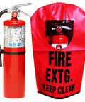 Dead On 10Lb Class ABC Fire Extinguisher Stowed In Heavy Duty Cover And Bold Wall Sign UL Certified, compact red extinguisher with protective cover.