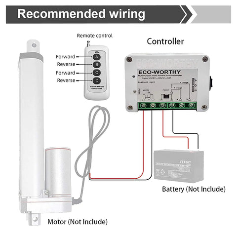 Recommended wiring diagram for Tough As Nails 12V Linear Actuator 18 Inch Stroke 3000N with remote controller connection.