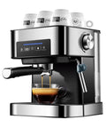 High Pressure Espresso Coffee Maker With Milk Frother Automatic Filter Fast 10 Second Brew Home Cafe Machine For Lattes And Cappuccinos Electric Coffee Pot All In One Kitchen Appliance in stainless steel brewing espresso into a clear cup, with milk frother attached.