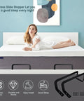 Heavy Duty Mattress Retainer Bars Four Pack displayed with a woman on a bed, showcasing sturdy steel brackets for secure fit.