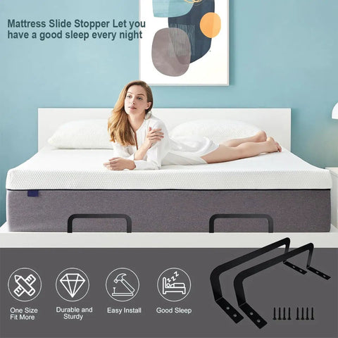 Heavy Duty Mattress Retainer Bars Four Pack displayed with a woman on a bed, showcasing sturdy steel brackets for secure fit.