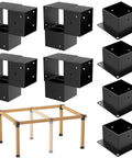 Beefy 8 Pack 4x4 Post Bracket Kit For Pergolas And Outdoor Builds 3 Way Right Angle Corner Brackets Heavy Duty Steel With Weather Resistant Coating For Decks Tree Houses Gazebos And DIY Post Bases kit showing multiple black brackets and mock-up frame.