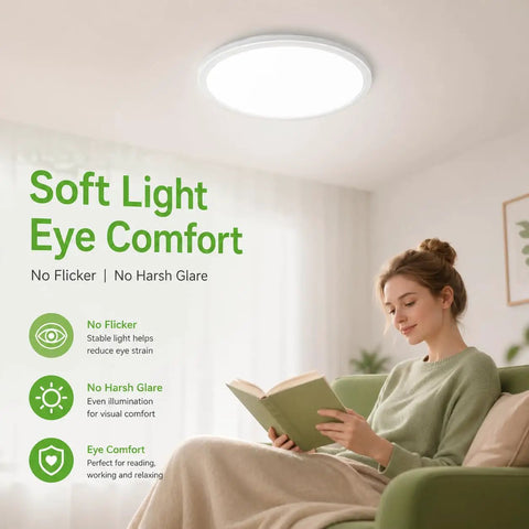 Woman reading under Six Pack 12 Inch LED Flush Mount Ceiling Lights No Fuss 24W 3200 Lumens Replaces Up To 240W in living room