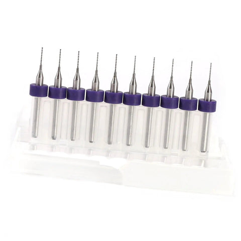 Pro Grade Tungsten Carbide Drill Bits 10 Piece Kit for Detailed Work and PCB Prototyping, arranged in a plastic holder