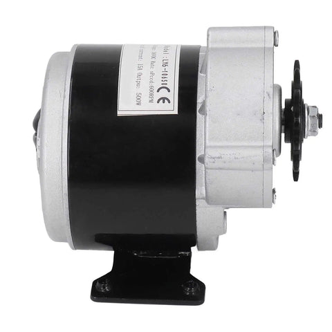 Side view of Beefy 500W Brush DC Motor for Electric Bikes and Scooters 600 RPM at 36V with 13 Tooth Gear Reduction Brushed Drive