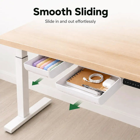 Kick Clutter To The Curb With This Slick Under Desk Drawer Organizer 2 Pack with smooth sliding drawers holding pens and notes.