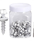 White Metal Roofing Screws Kit With 150 Pcs 10x1 Inch Galvanized Hex Head Self Tapping Screws With EPDM Washer For Metal To Wood Siding And Corrugated Roofing Includes Free One Quarter Inch Hex Driver Bit, shown with jar and driver bit