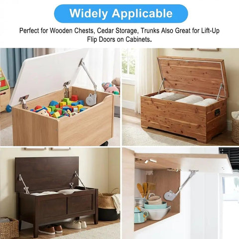 Image of Two Pack Soft Close Lid Support Hinges With Adjustable Tension for toy boxes, wooden chests, and storage trunks.