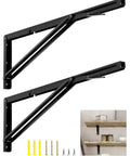Heavy Duty 24 Inch Folding Shelf Brackets Two Pack, black iron hardware, wall mounted, supports 330 lbs, for compact rooms and workbenches.