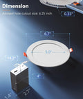 Dimensions of 6 Inch Recessed LED Downlight With Junction Box, 6 CCTs From 2500K To 5000K, Dimmable And ETL Certified, 1100 Lumens, 12W Equal 110W, IC Rated Can Lights, Easy Install, No Fuss shown