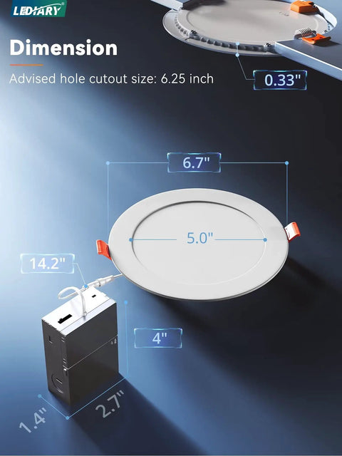 Dimensions of 6 Inch Recessed LED Downlight With Junction Box, 6 CCTs From 2500K To 5000K, Dimmable And ETL Certified, 1100 Lumens, 12W Equal 110W, IC Rated Can Lights, Easy Install, No Fuss shown