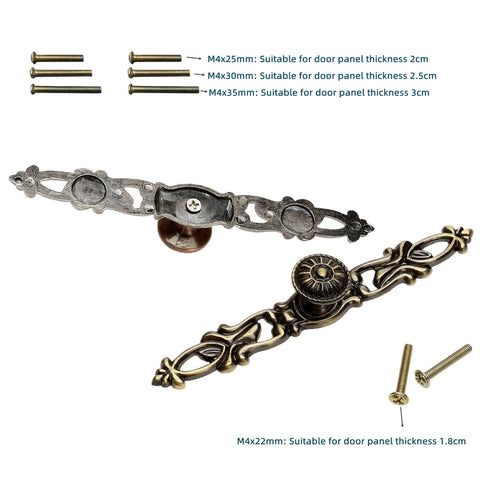 Antique Bronze Vintage Style Cabinet Knobs Set For Furniture Drawers with screws in various sizes for different panel thicknesses.