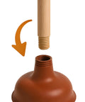 Heavy Duty Wooden Handle Plunger Duo For Toilets And Sinks Tough Rubber Bell showing screw-on connection and rubber cup.