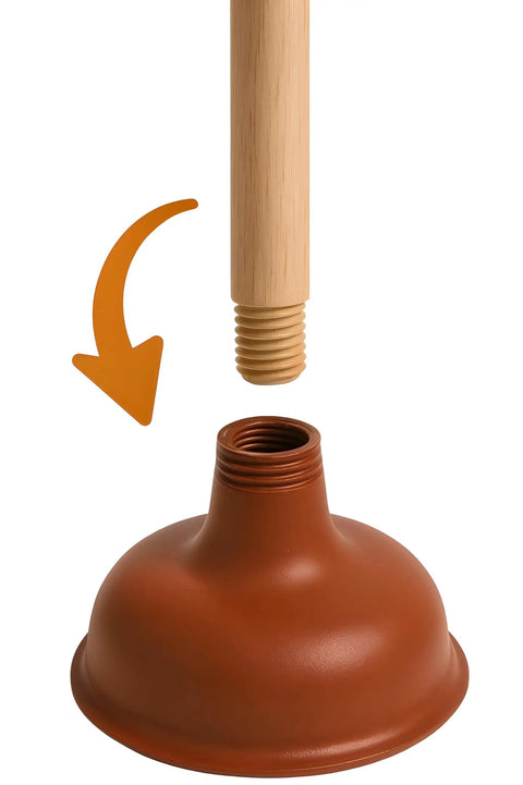 Heavy Duty Wooden Handle Plunger Duo For Toilets And Sinks Tough Rubber Bell showing screw-on connection and rubber cup.