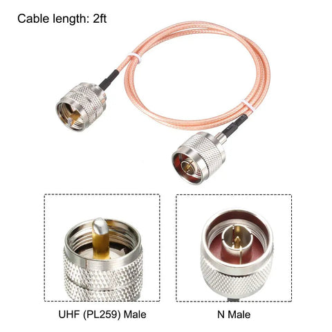 UHF PL259 Male To N Type Male Coax Cable RG316 For Antenna Analyzer And Ham Radio Transceiver, 2 Ft, connectors close-up