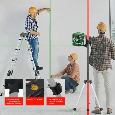 Telescoping Laser Level Pole With Tripod And Spring Loaded Base For Rotary And Line Lasers, Pro Grade, in use for construction