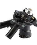 Direct Fit Engine Cooling Thermostat Housing Assembly For Mercedes Benz C Class E Class Model Years 2007 To 2021 close-up view with valve and hoses