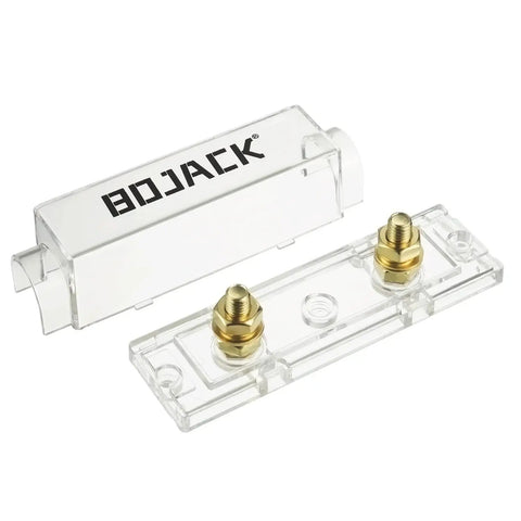 Heavy Duty ANL Fuse Holder And 250 Amp Gold Plated Fuses in a clear plastic casing for car audio circuit protection.