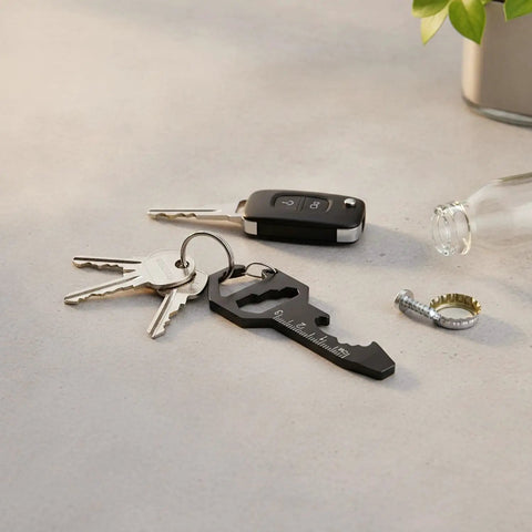 Metal Multi Tool Card With Bottle Opener And Hex Wrench on keychain, black metal, bottle cap nearby, everyday carry gear