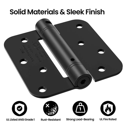 Self Closing Door Hinges 4 Inch Matte Black Spring Loaded Five Eighth Inch Radius Corners Adjustable for Exterior Doors UL Listed