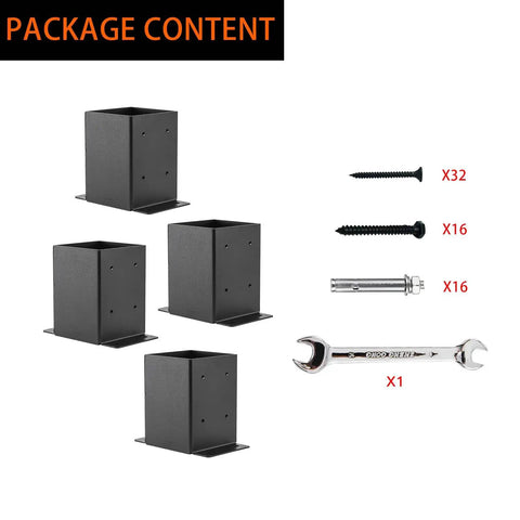 Package contents showing 4 Heavy Duty 4x4 Post Base Brackets with screws, anchors, and a wrench for assembly.