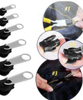 Image of 6 Piece Universal Instant Zipper Repair Kit With Replacement Sliders That Work With Most Standard Zippers For Clothing Bags And Accessories Easy Do It Yourself Fix No Tools Needed Durable Black showing black zipper sliders and installation steps.