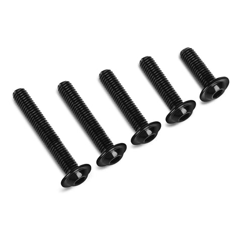 Solid As A Rock M4 0.7 X 10 Mm Flange Button Head Screw Set 100 Pack, black stainless steel fasteners in a row.