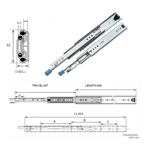 Diagram of Beefy 53mm Steel Drawer Slide Track For Kitchen Cabinets With Ball Bearing Glide And Soft Close, blue zinc finish
