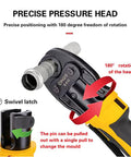 Close-up of swivel latch and DN25 jaw on Power Up Plumbing Press Tool Kit With Battery Powered Hydraulic Pipe Press Tool For Copper Pipes Includes 2 Batteries And 3 Jaws DN15, DN20, DN25 Built For Speed And Durability