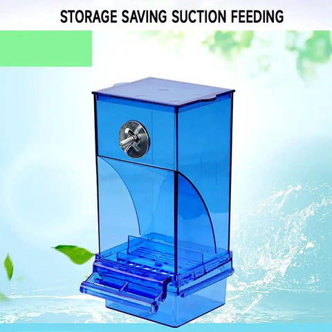 Total Game Changer Automatic Bird Feeder With Clear Acrylic Bowl For Parrots, blue suction feeding unit with easy-access drawer.