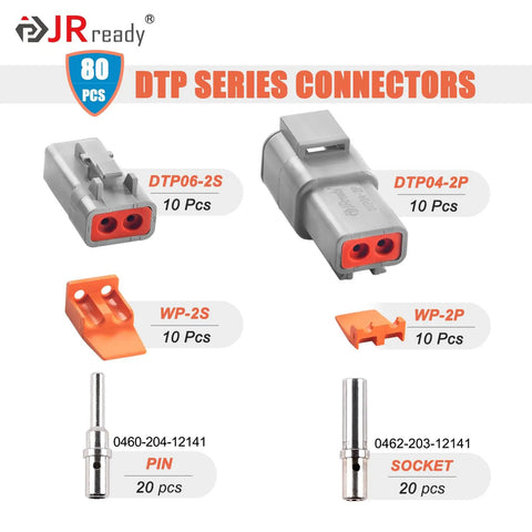 Waterproof 25A Deutsch DTP Connector Kit Size 12, 2 Pin, 10 Sets, 16-12 AWG Solid Contacts, connectors and components displayed.